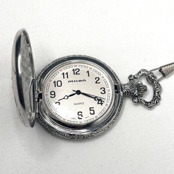 Milan Quartz Silver & Gold Tone Tractor Pocket Watch w/ Chain - Picture 3 of 5